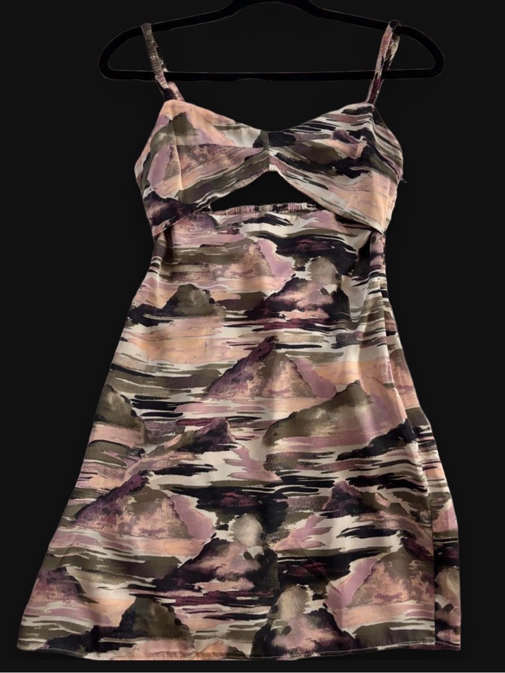 Watercolor-Print Spaghetti Strap Mini Dress in Pink, Mauve & Olive
